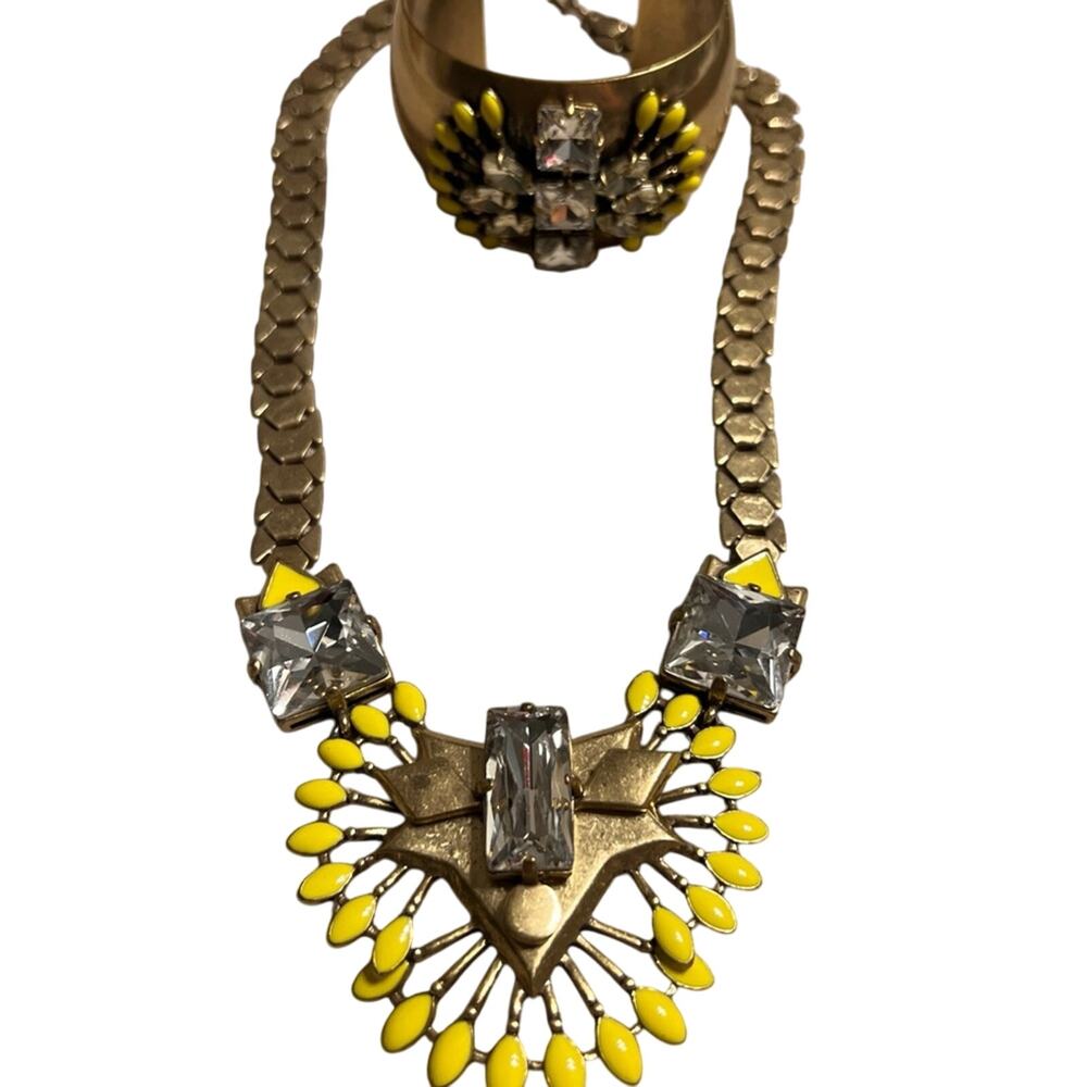 STELLA & DOT Norah Necklace Art Deco Yellow Stone Statement + CUFF Bracelet